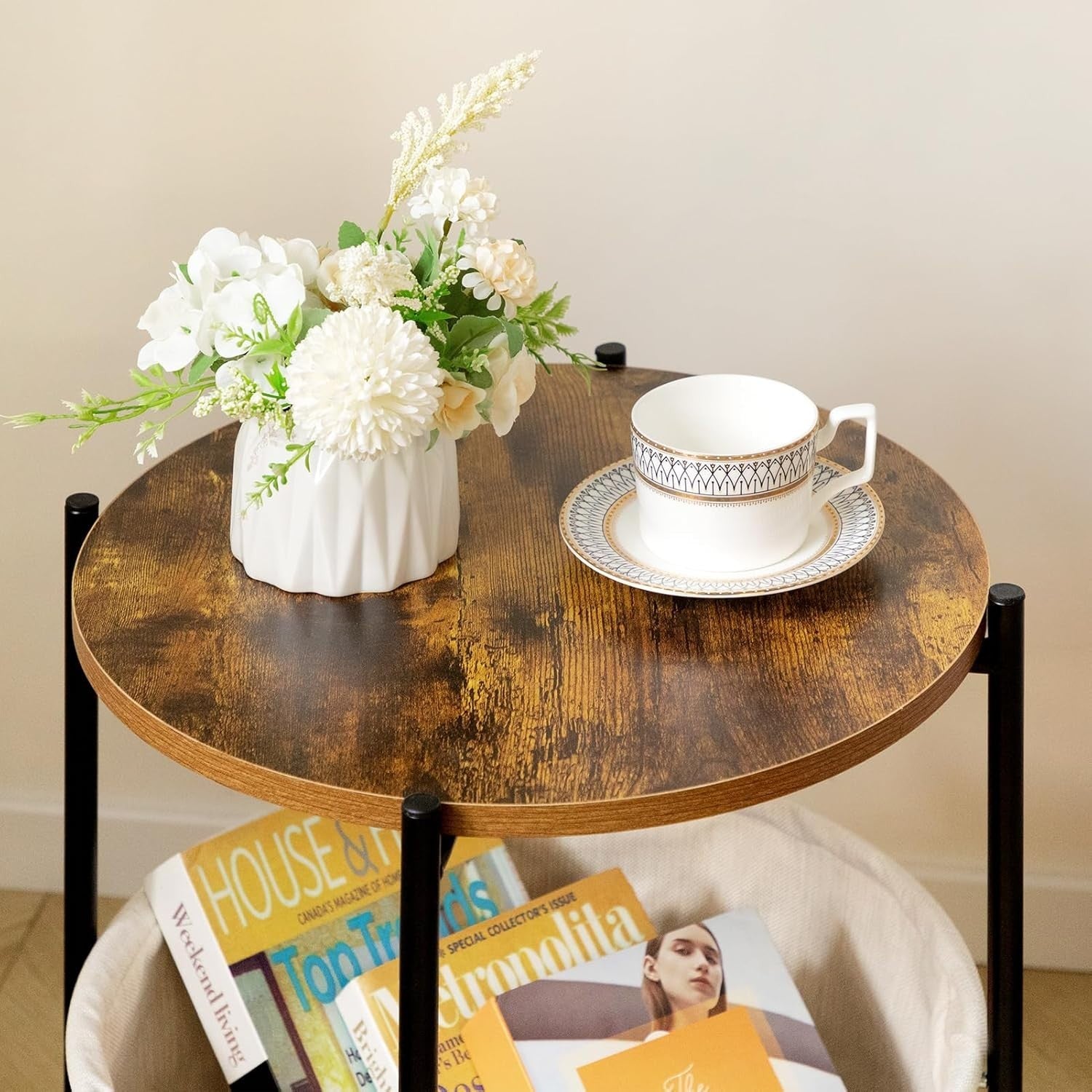 Round Side Table with Fabric Basket Storage Small Coffee Table Living Room