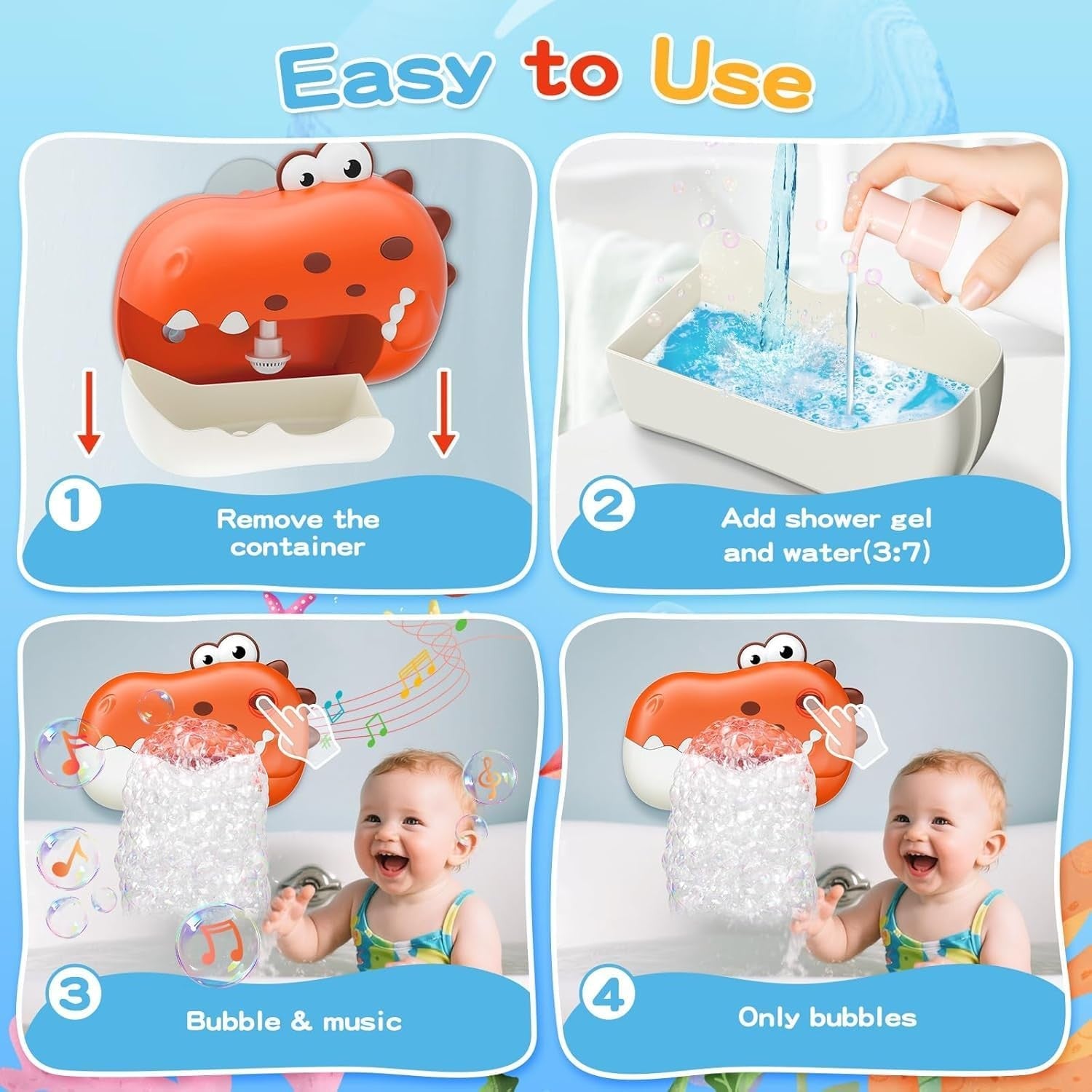 Dinosaur Baby Bath Bubble Machine with Music Toy for Toddlers Red