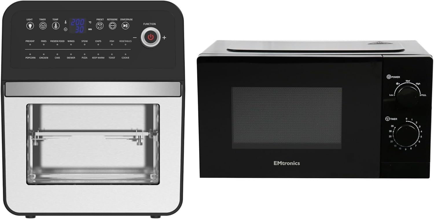 12L Air Fryer Oven + 20L 700W Microwave Set 5 Power Levels Defrost Black