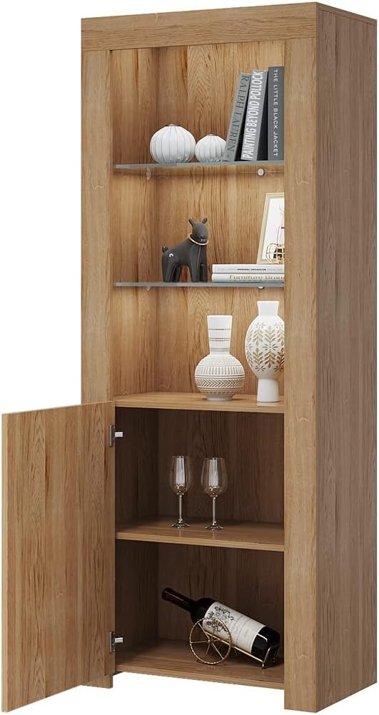 Tall Oak LED Display Cabinet with Glass Shelves | Modern Sideboard Storage Unit