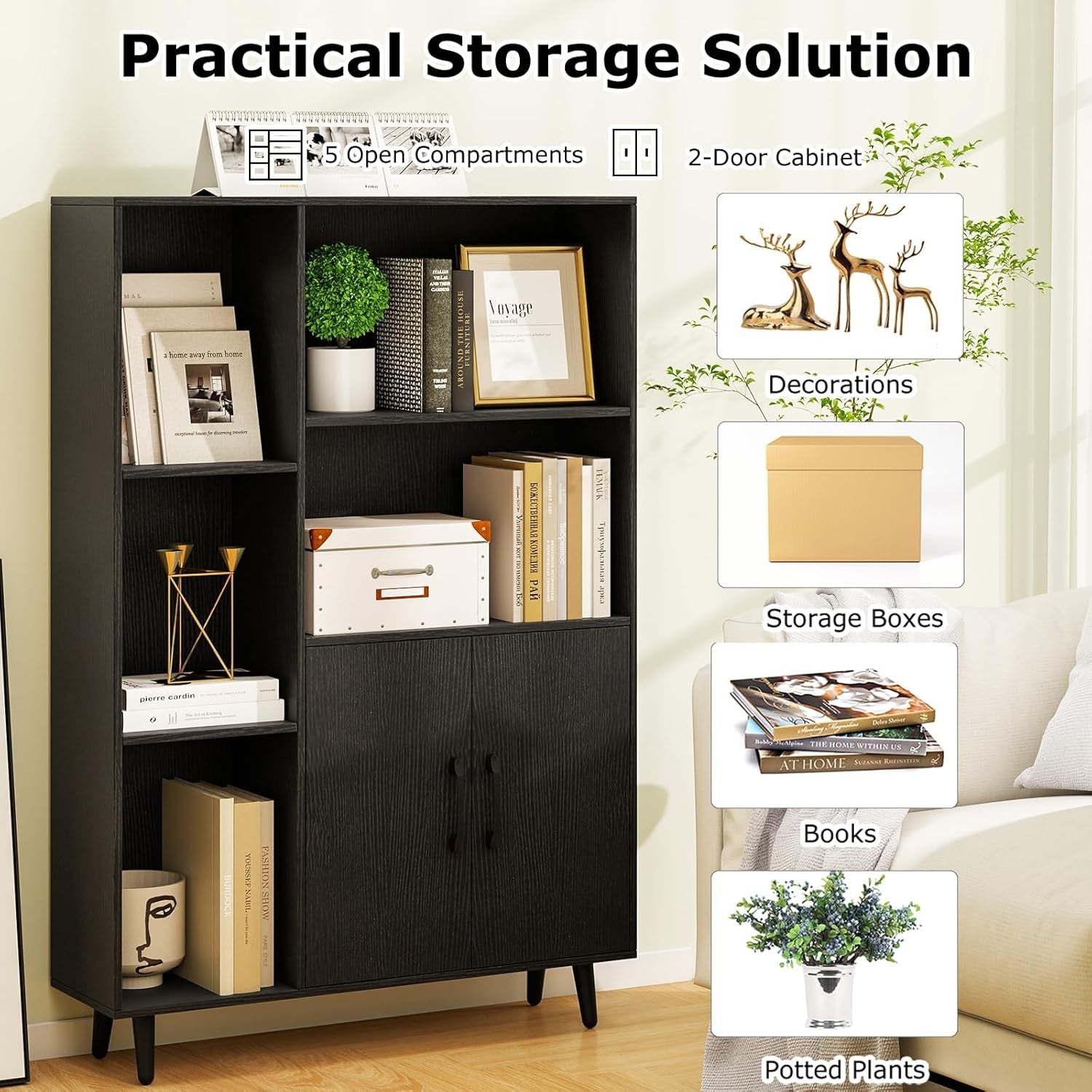 Modern Tall Storage Bookcase with Doors & Open Shelves – 80×23×119cm Black
