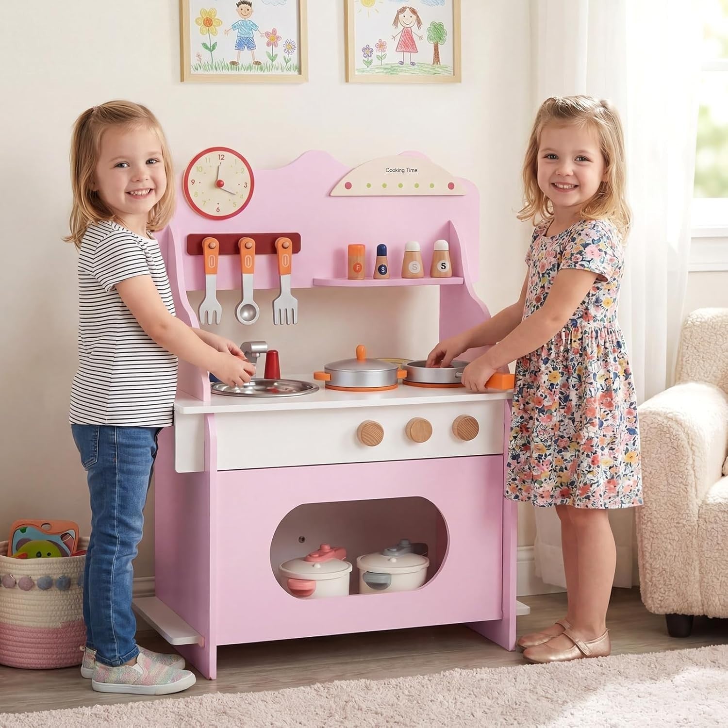 Wooden Kids Play Kitchen Pink Toy Set Stove Sink Oven Accessories