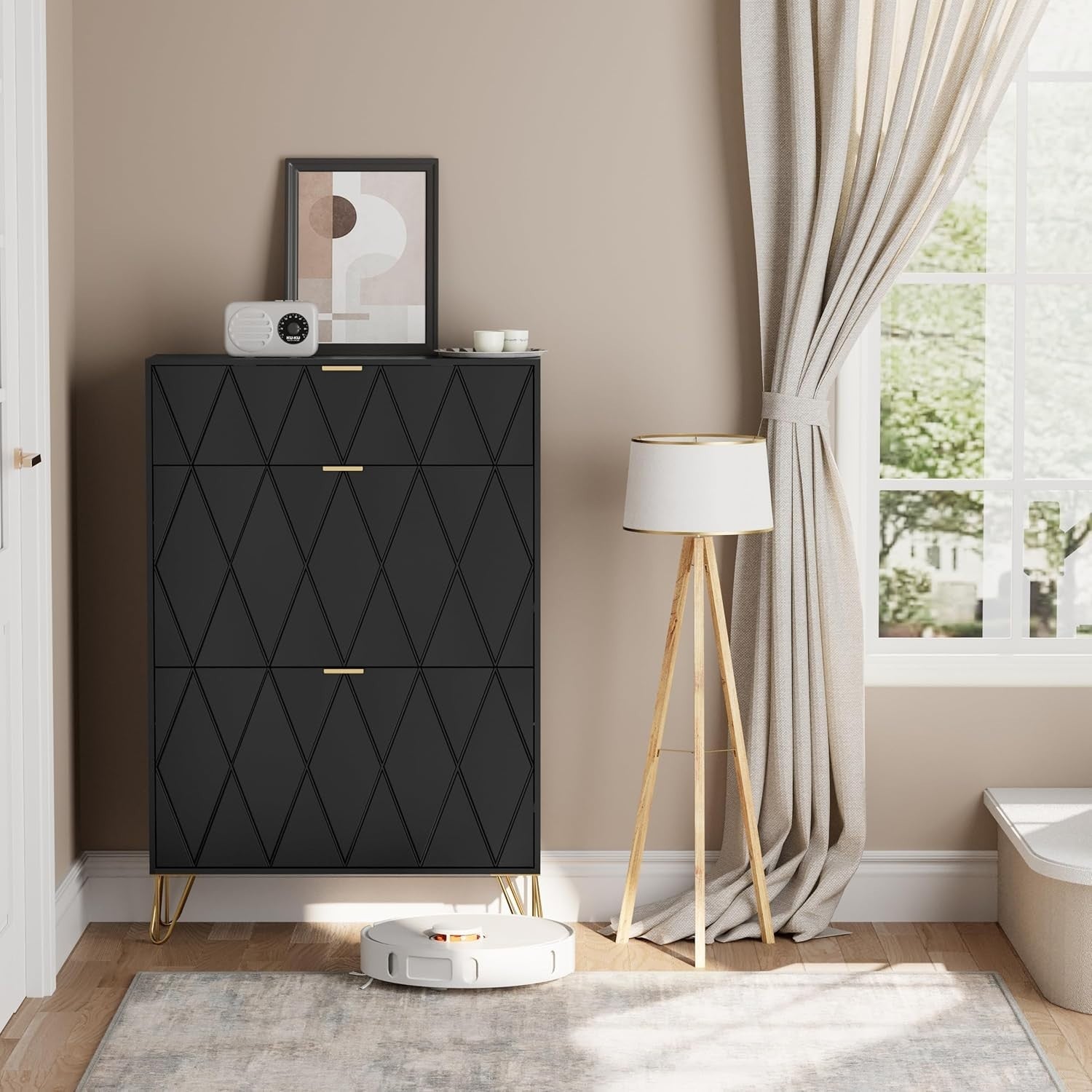 Modern Shoe Cabinet Black w/ Flip Drawers – 3 Compartments 16 Pairs Storage