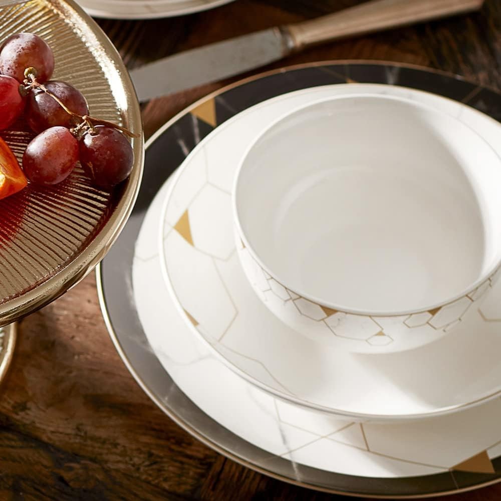 24pc Bone China Dinnerware Set Black White Gold Marble Luxury Plates