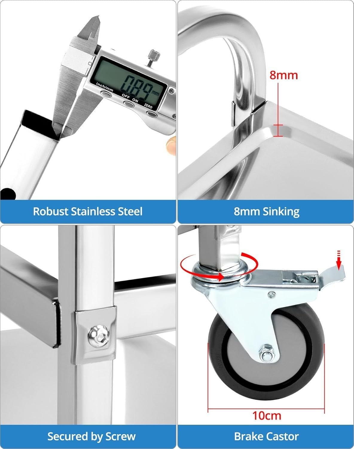 3 Tier Stainless Steel Serving Trolley 75x40x83.5cm