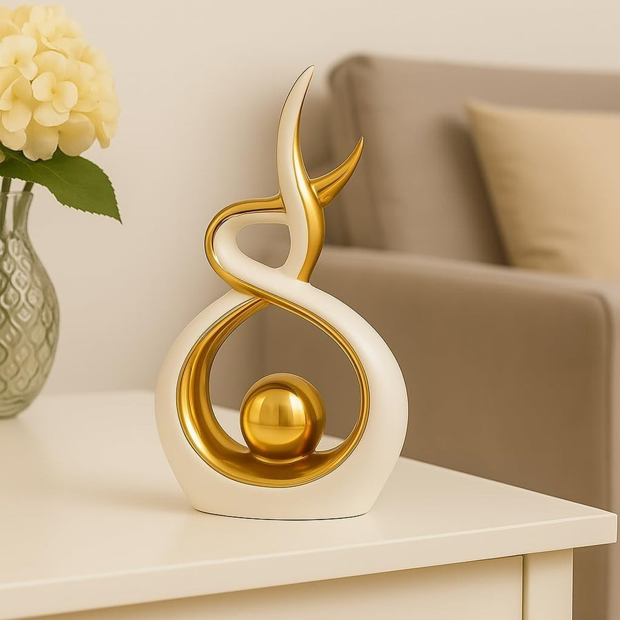 Modern Gold & White Ceramic Abstract Sculpture – Home Decor Ornament for Shelf