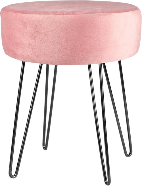 Pink Velvet Round Footstool with Black Metal Legs – Modern Dressing Table Seat