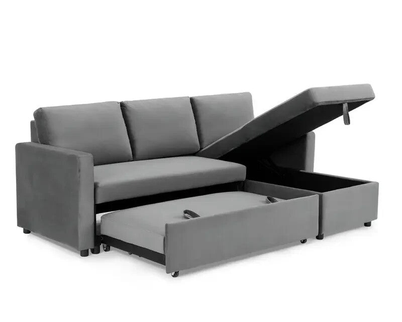 Grey Velvet 3 Seater Sofa Bed Reversible Chaise Pull Out Couch w/ Storage