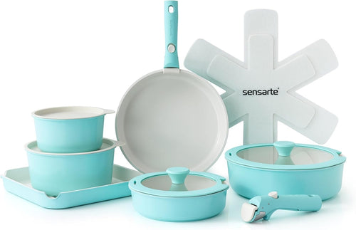 17pcs Turquoise Non Stick Cookware Set Detachable Handle Induction Oven Safe