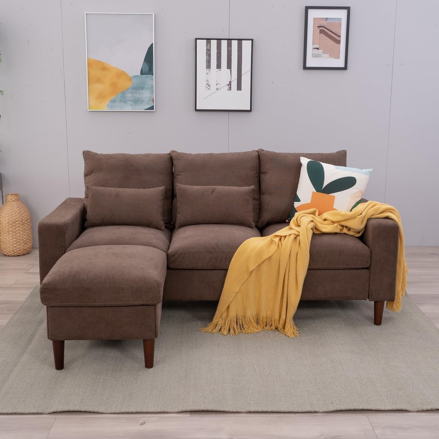 3 Seater Sofa with Footstool Brown Linen Reversible Chaise Cushioned Modern Couc