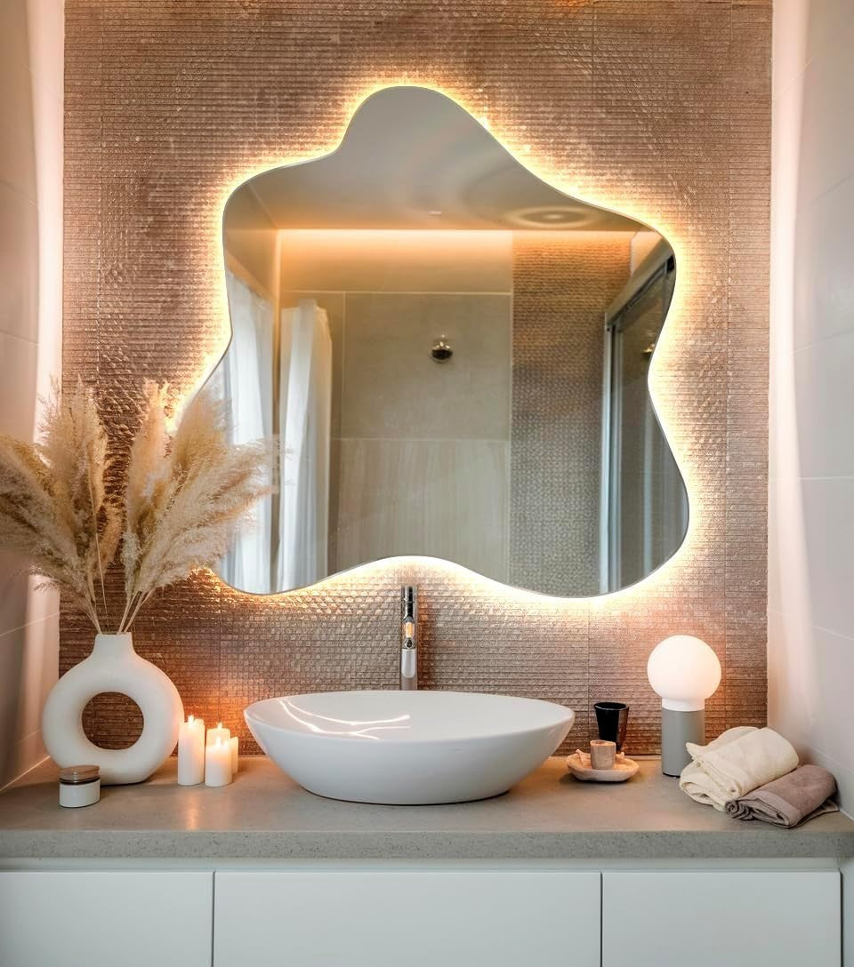LED Illuminated Wavy Wall Mirror 77x76 cm Warm Light Modern Decor