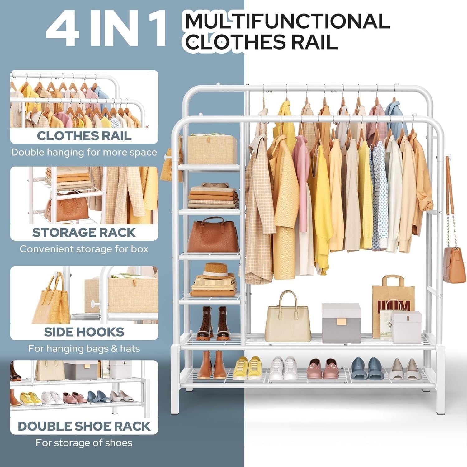 Heavy Duty Clothes Rail Double Rods Shelves Shoe Rack White