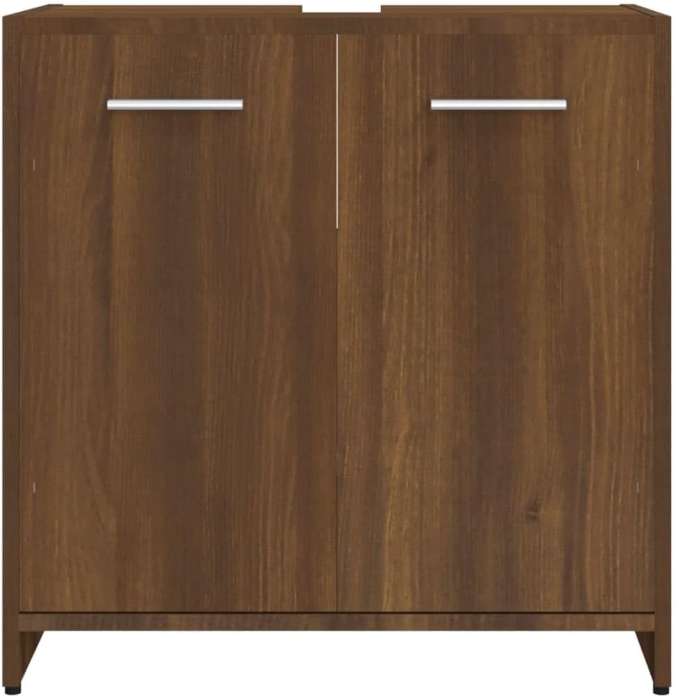 Rustic Brown Oak Under Sink Bathroom Cabinet – 2 Door Storage Cupboard 60cm Unit