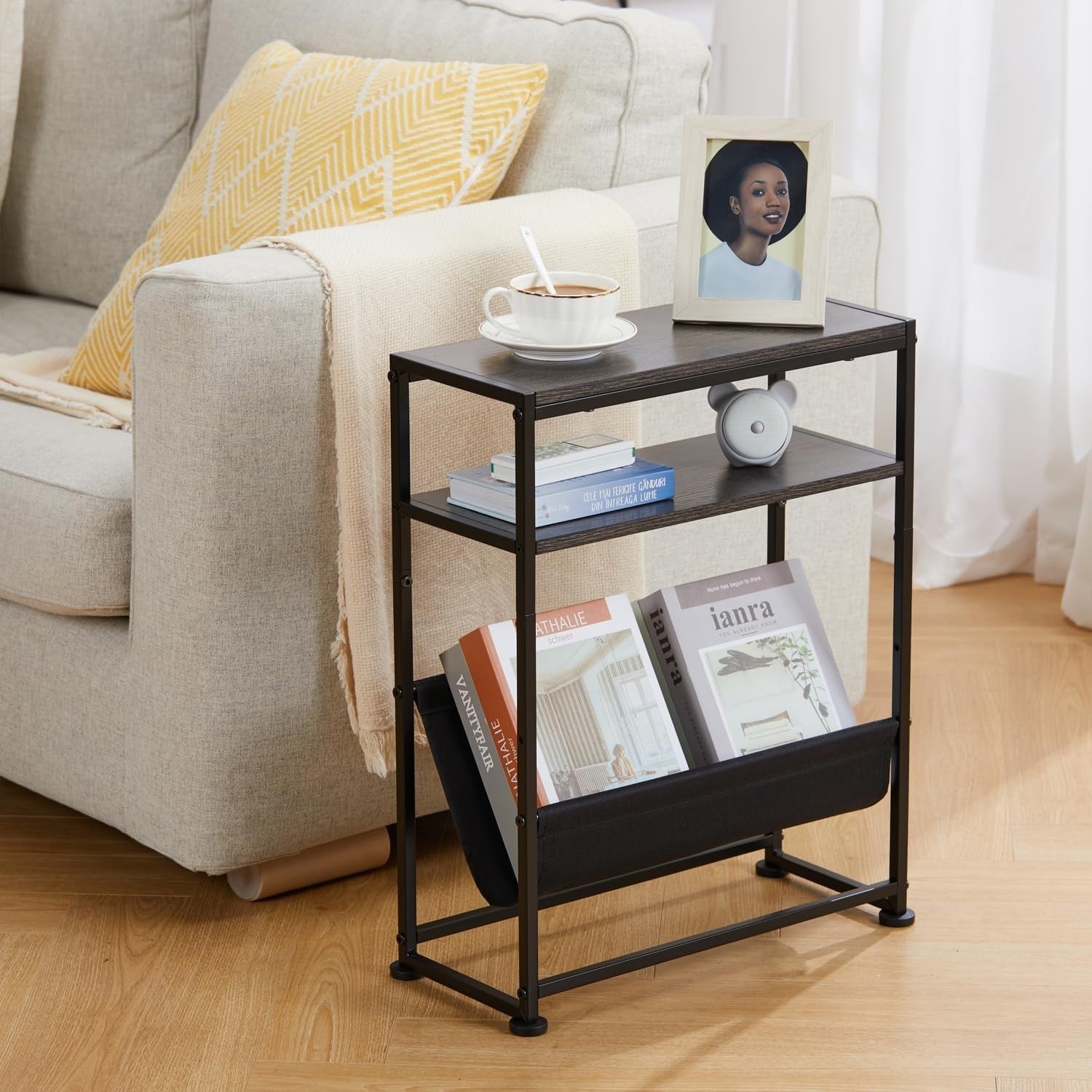 Narrow Side Table with Storage – Slim Grey End Table for Small Spaces & Sofa