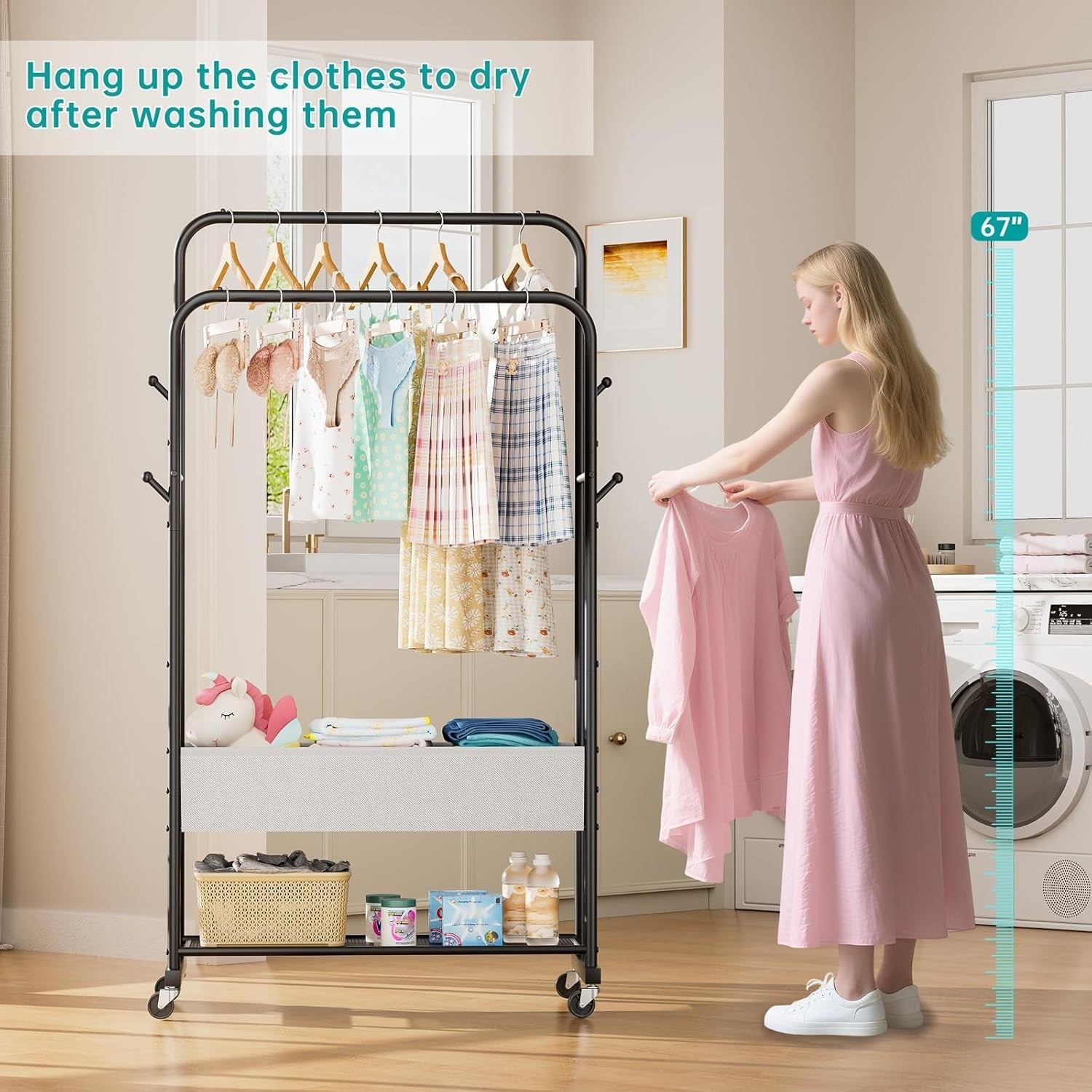 Heavy Duty Clothes Rail with Wheels & Shelf – Black 91×43×183cm