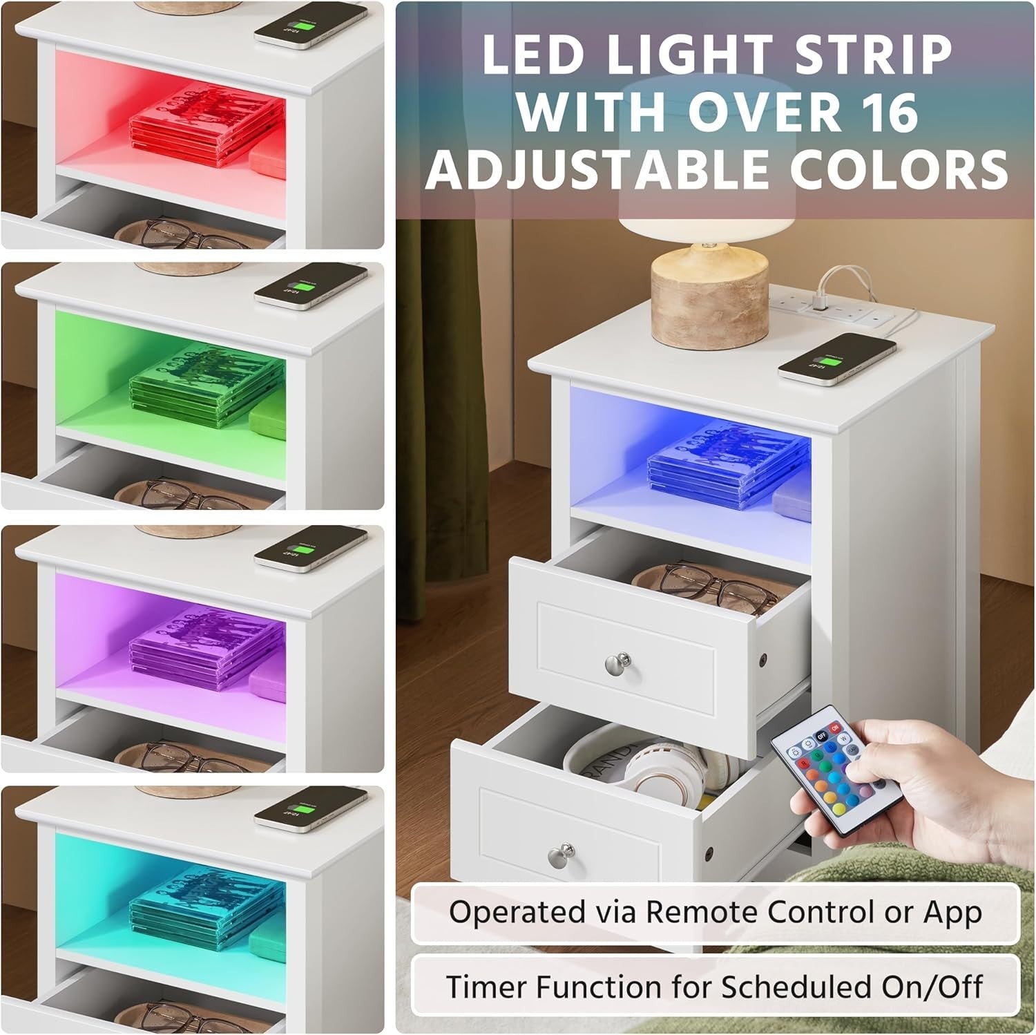 Set of 2 LED Bedside Tables with USB Charging Ports | Modern White Nightstands