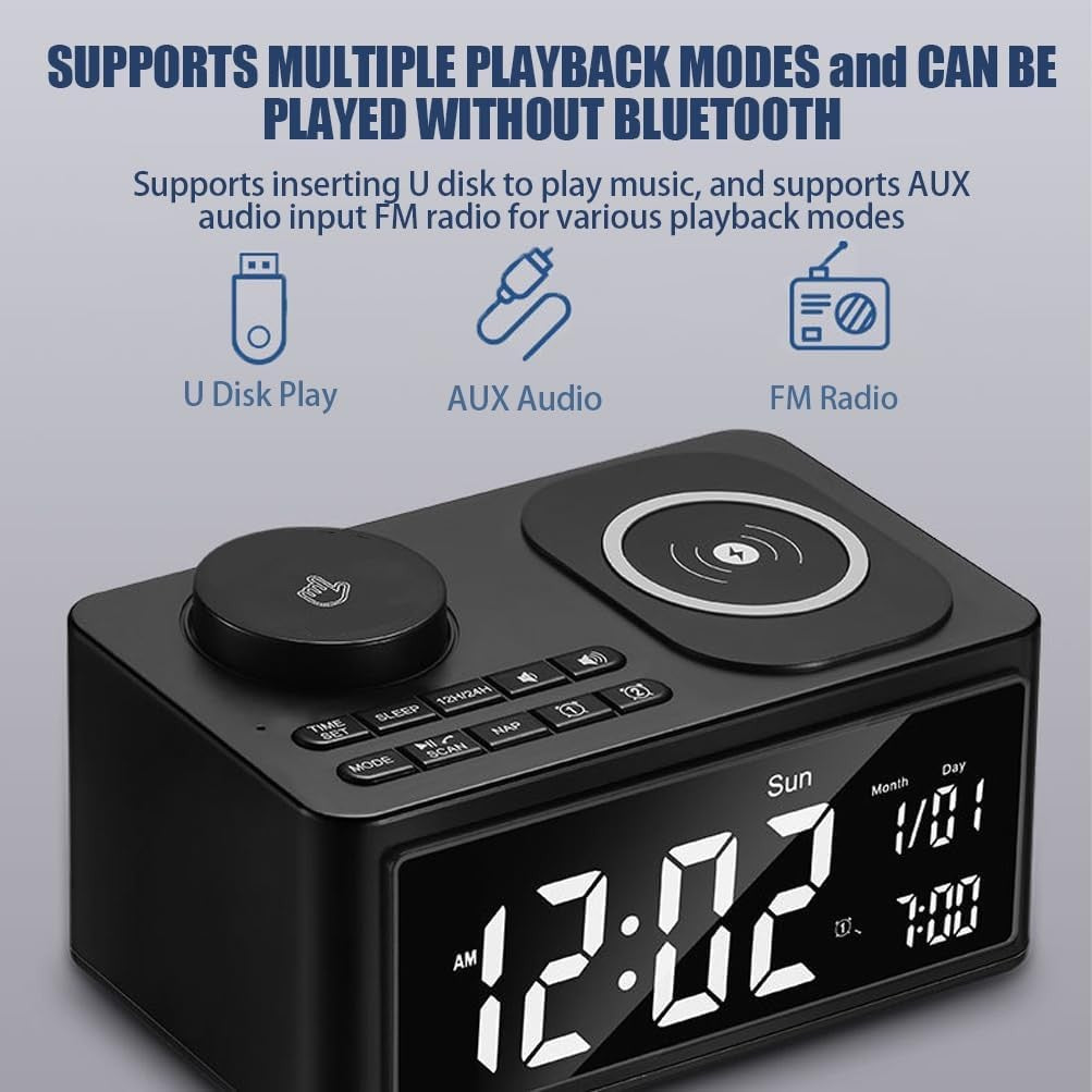 Wireless Charging Alarm Clock Bluetooth Speaker FM Radio LED Night Light