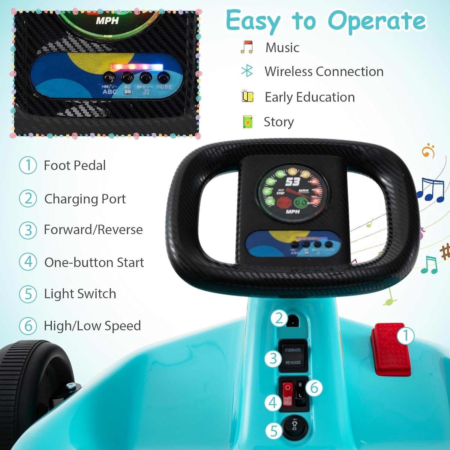 Kids Electric Go Kart 12V Ride On Car Remote Control LED Music Blue