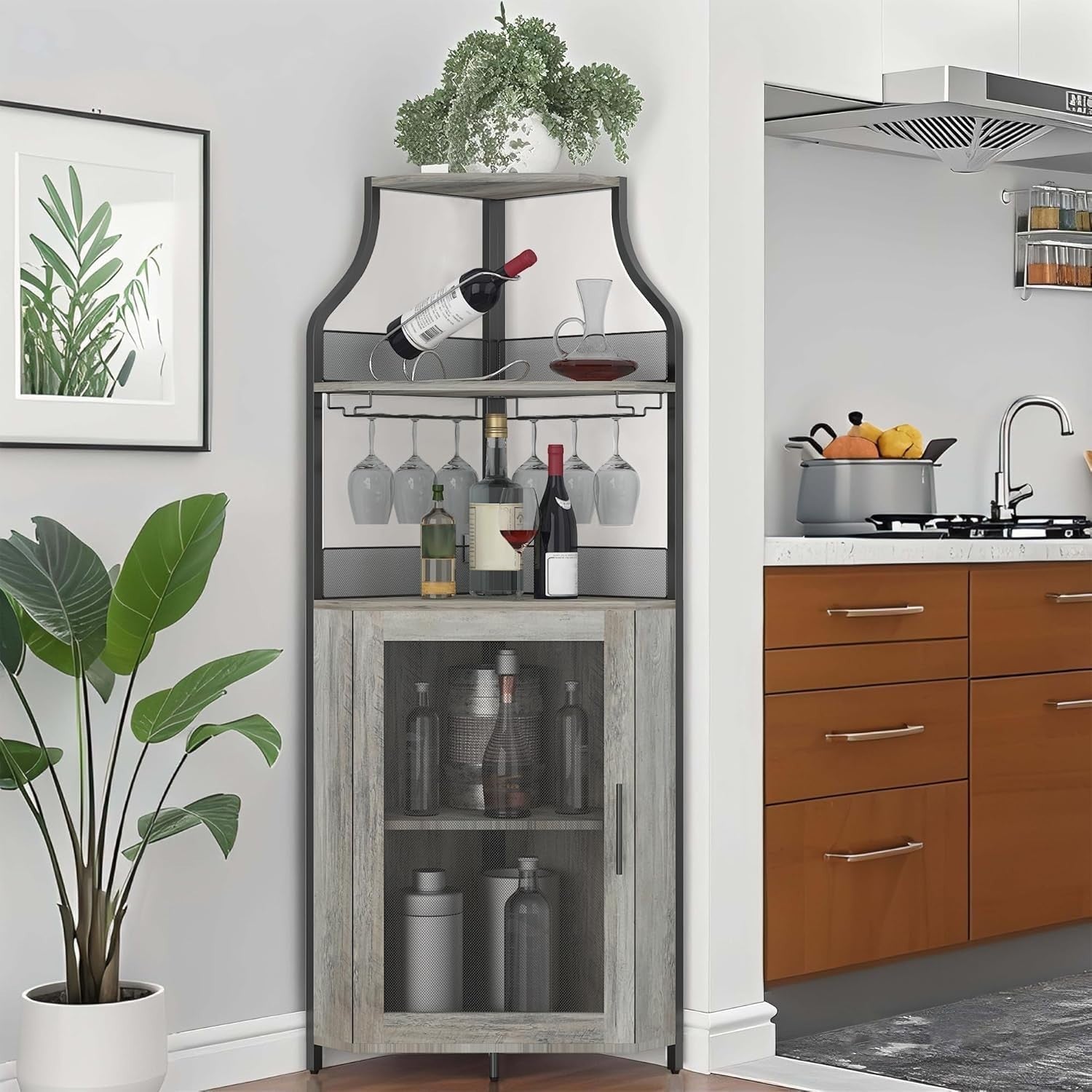 Corner Bar Cabinet with Wine Rack Glass Holder Mesh Door 5 Tier Home Bar Unit