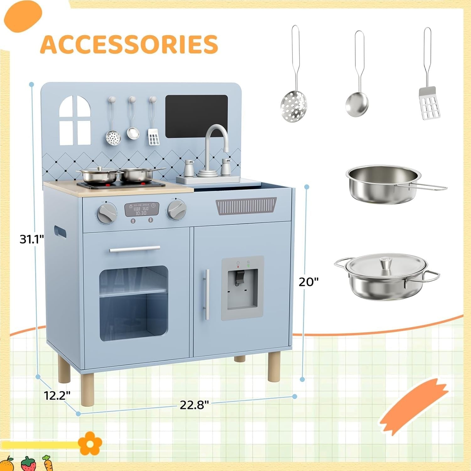 Kids Wooden Play Kitchen w/ Lights Sounds Chalkboard Blue Toy Set