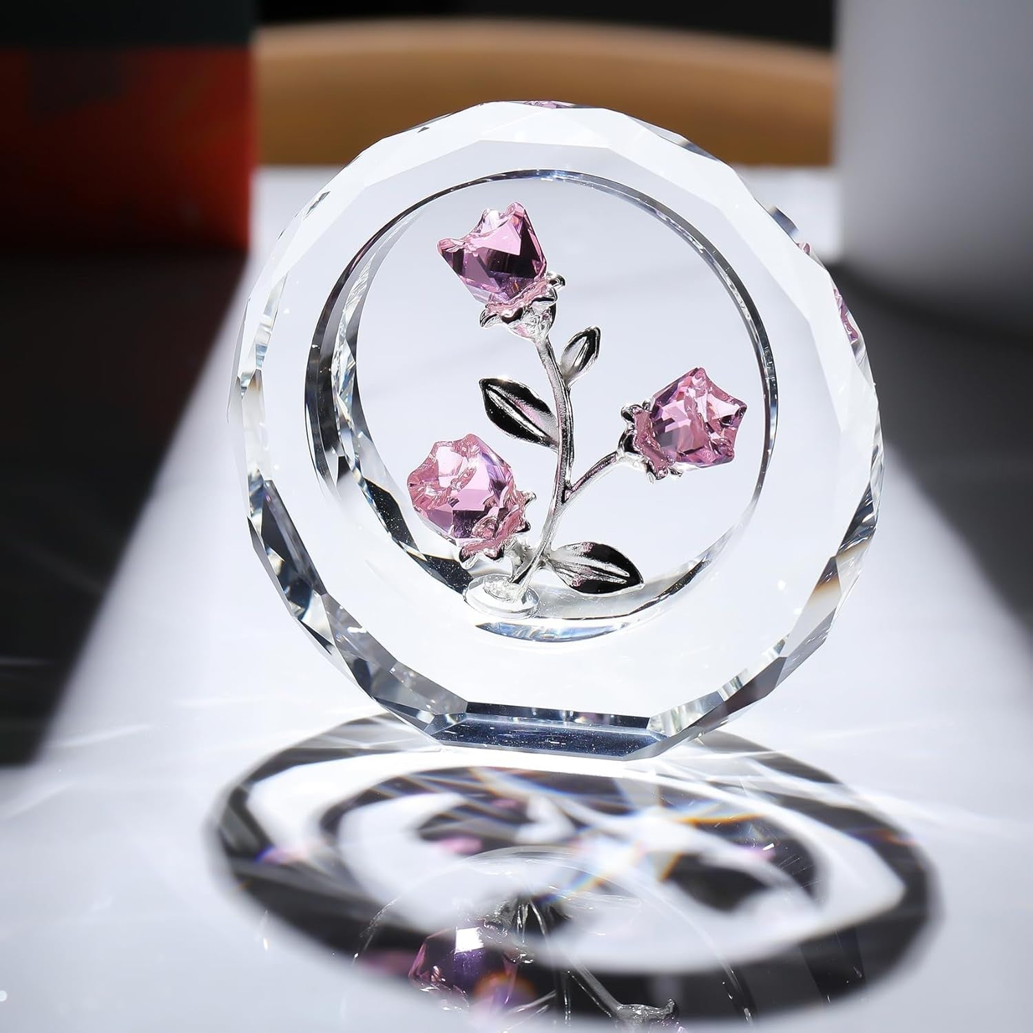 Pink Crystal Rose Bouquet Ornament • Glass Flower Figurine Gift for Women