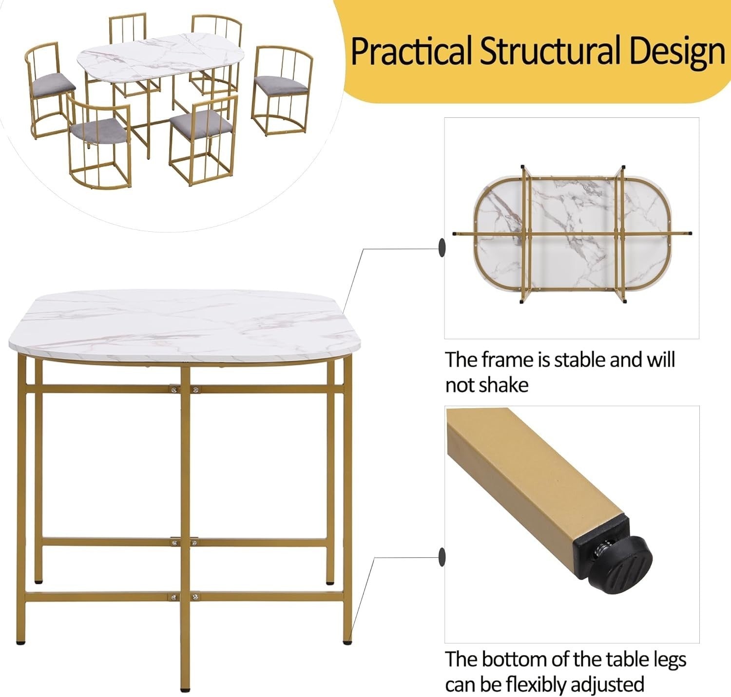 Modern 6-Seater Dining Table Set Grey Upholstered Chairs Gold Frame 140x80cm