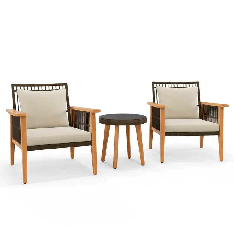 3pc Acacia Patio Chair Set with Cushions & Table – Outdoor Garden Rattan