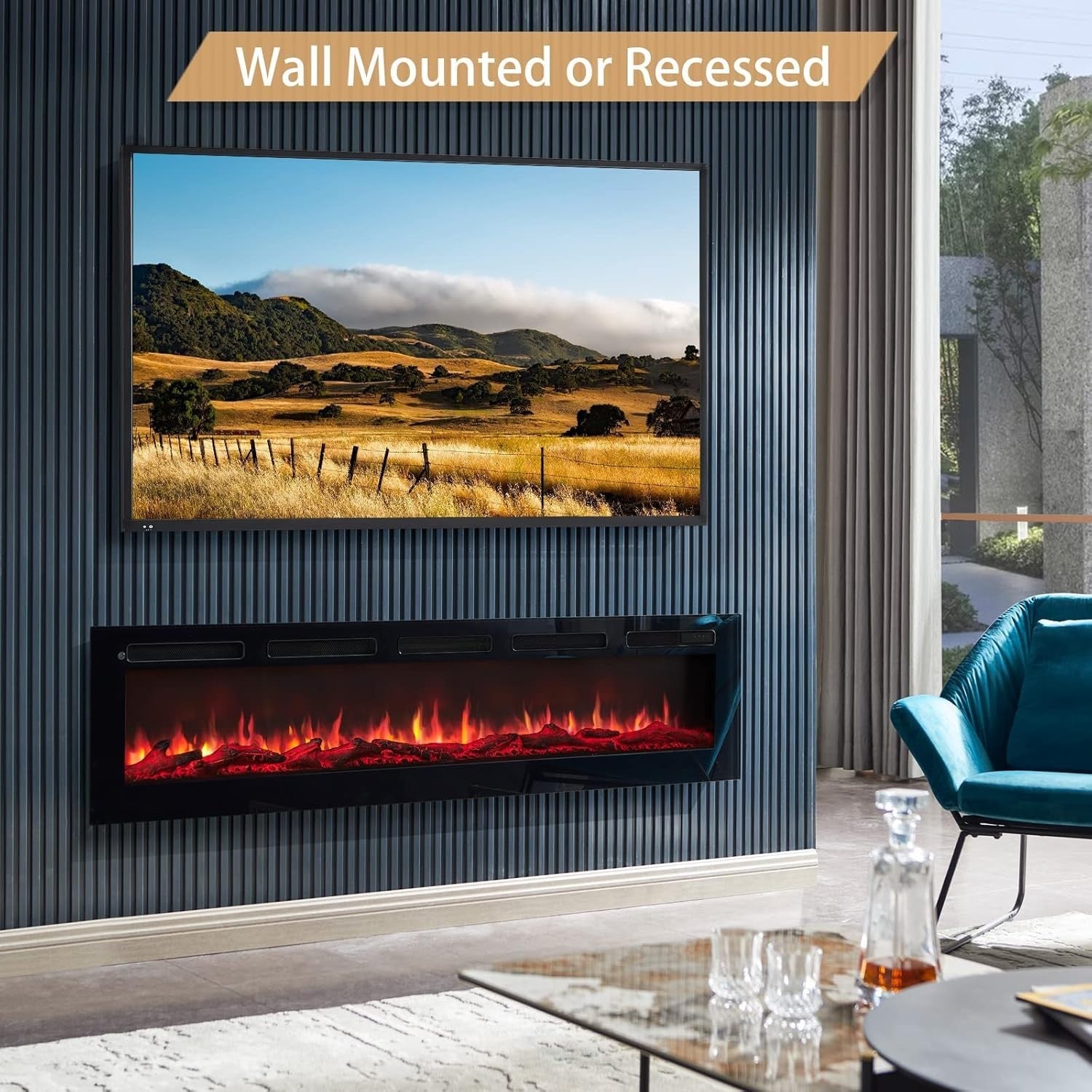 70" Wall Mounted Electric Fireplace Heater Recessed LED Flame Remote