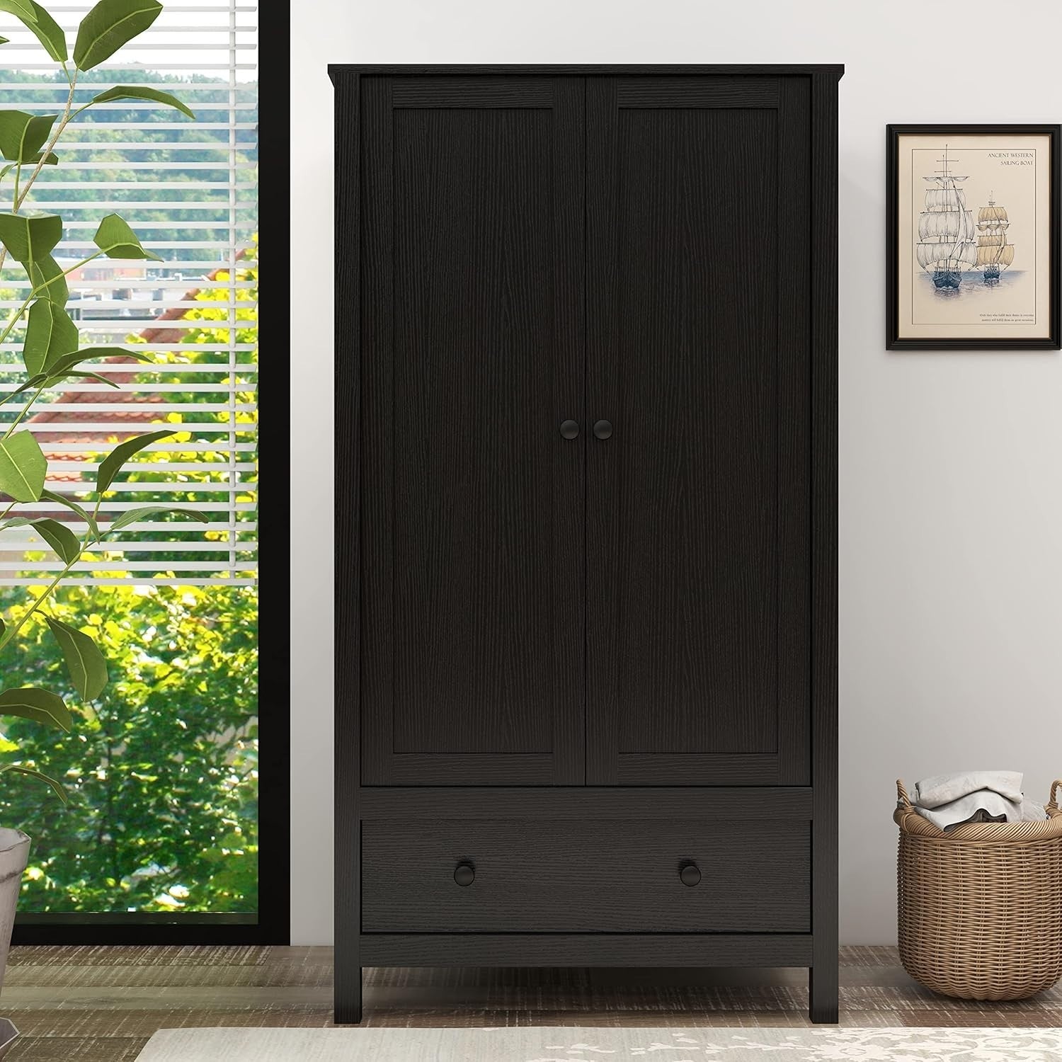 2 Door Wardrobe with Drawer & Storage Shelf – Modern Black Engineered Wood