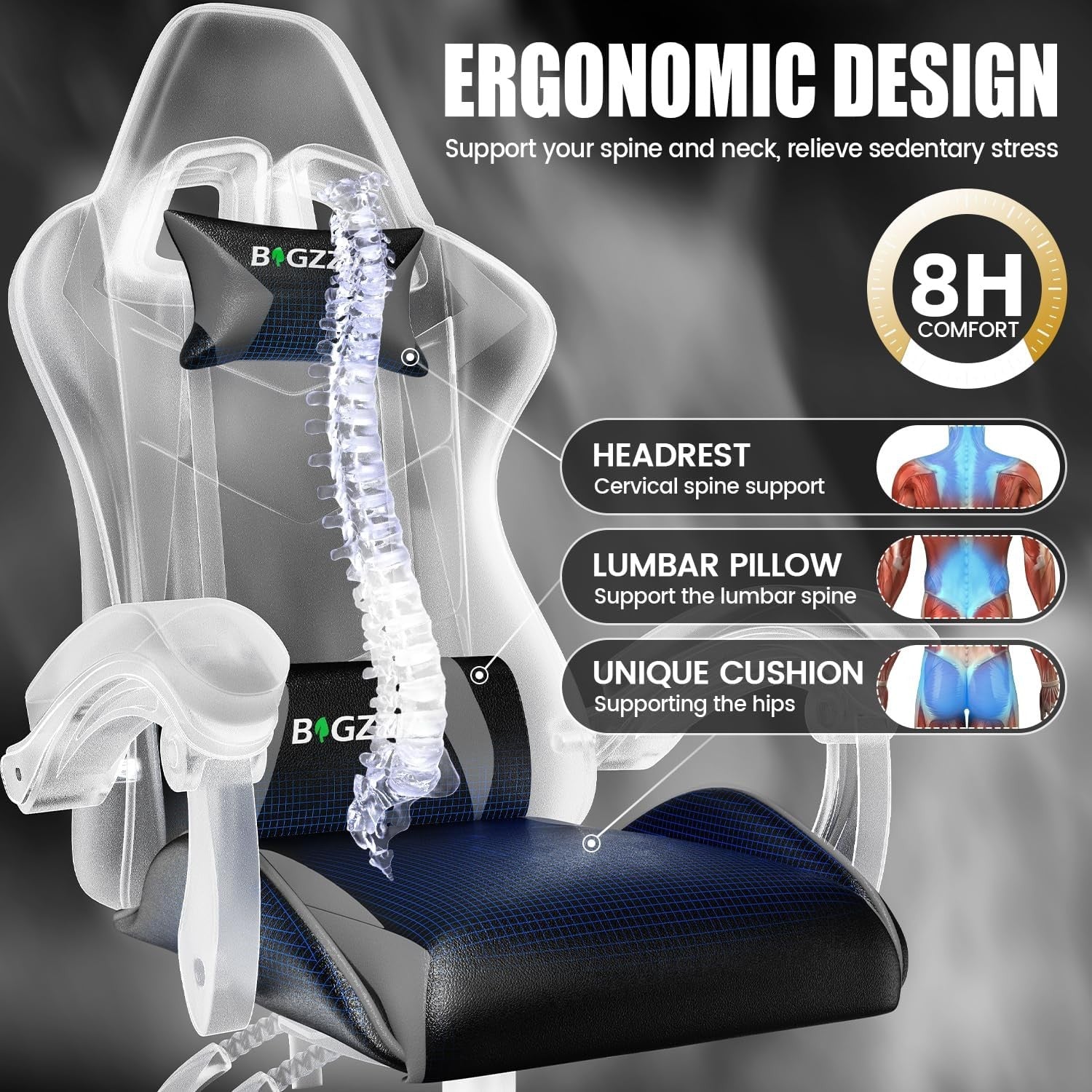 Ergonomic Gaming Chair Reclining Swivel Office Desk Chair Grey