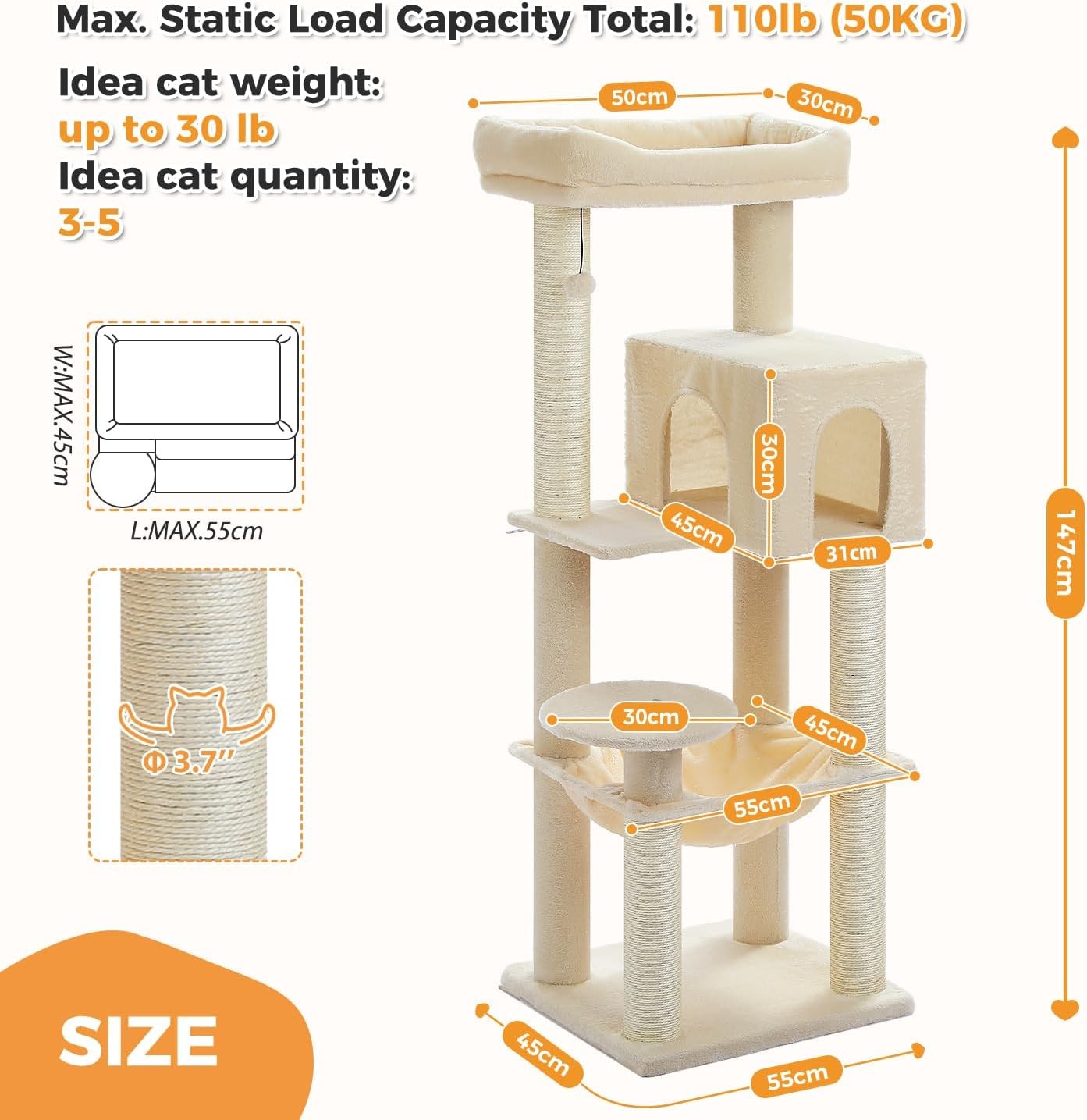 Large Cat Tree Tower 147cm Multi Level Thick Scratching Posts Condo
