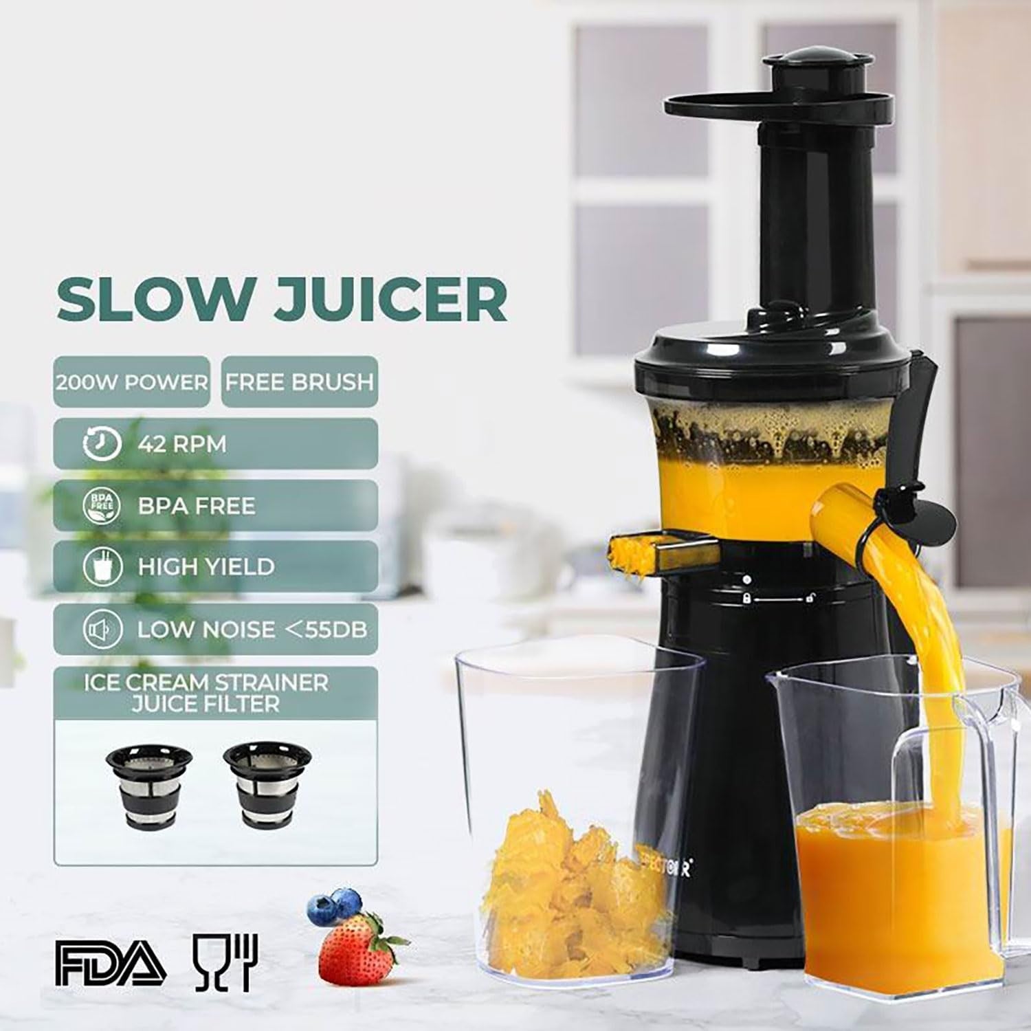 Slow Masticating Juicer Cold Press Quiet Motor Reverse Easy Clean