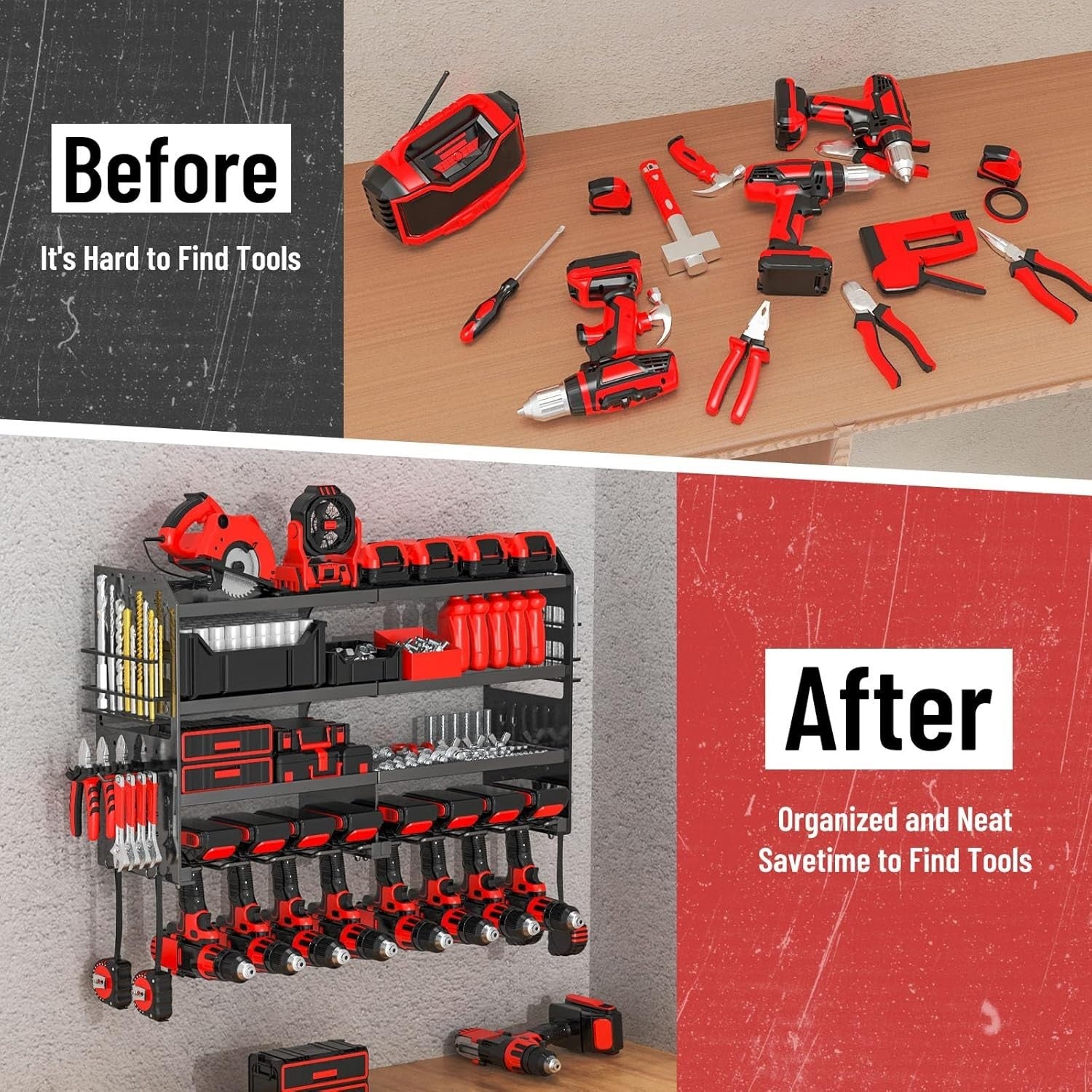 Wall-Mounted Power Tool Rack 4-Tier Screwdriver Holder Black Metal