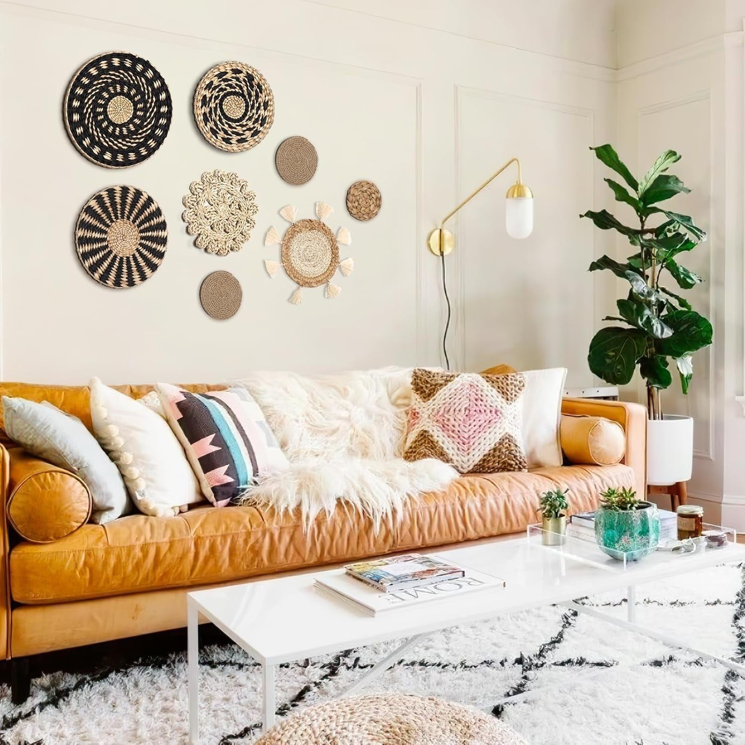 Boho Woven Wall Basket Set 9pcs Rattan Willow Round Decor