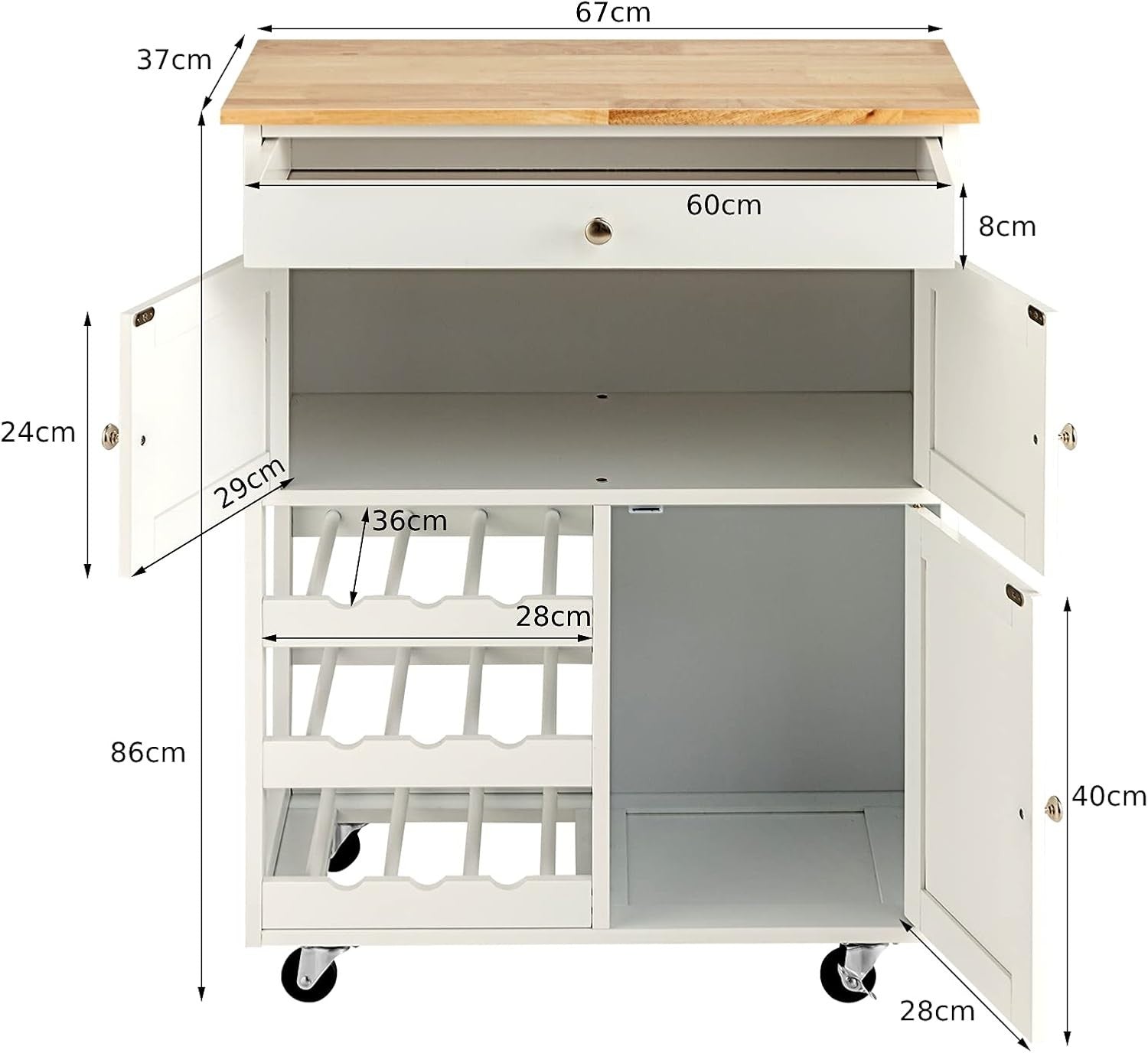 Luxury Kitchen Storage Trolley on Wheels with Drawer & Wine Rack, 37x67x86cm
