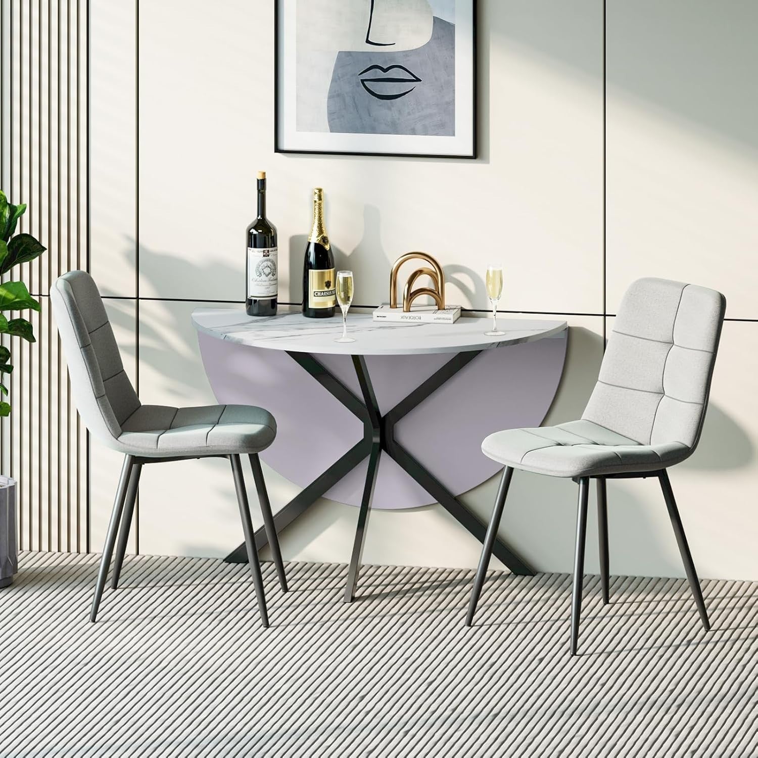 Folding Round Drop Leaf Dining Table Marble Effect Small Space Kitchen