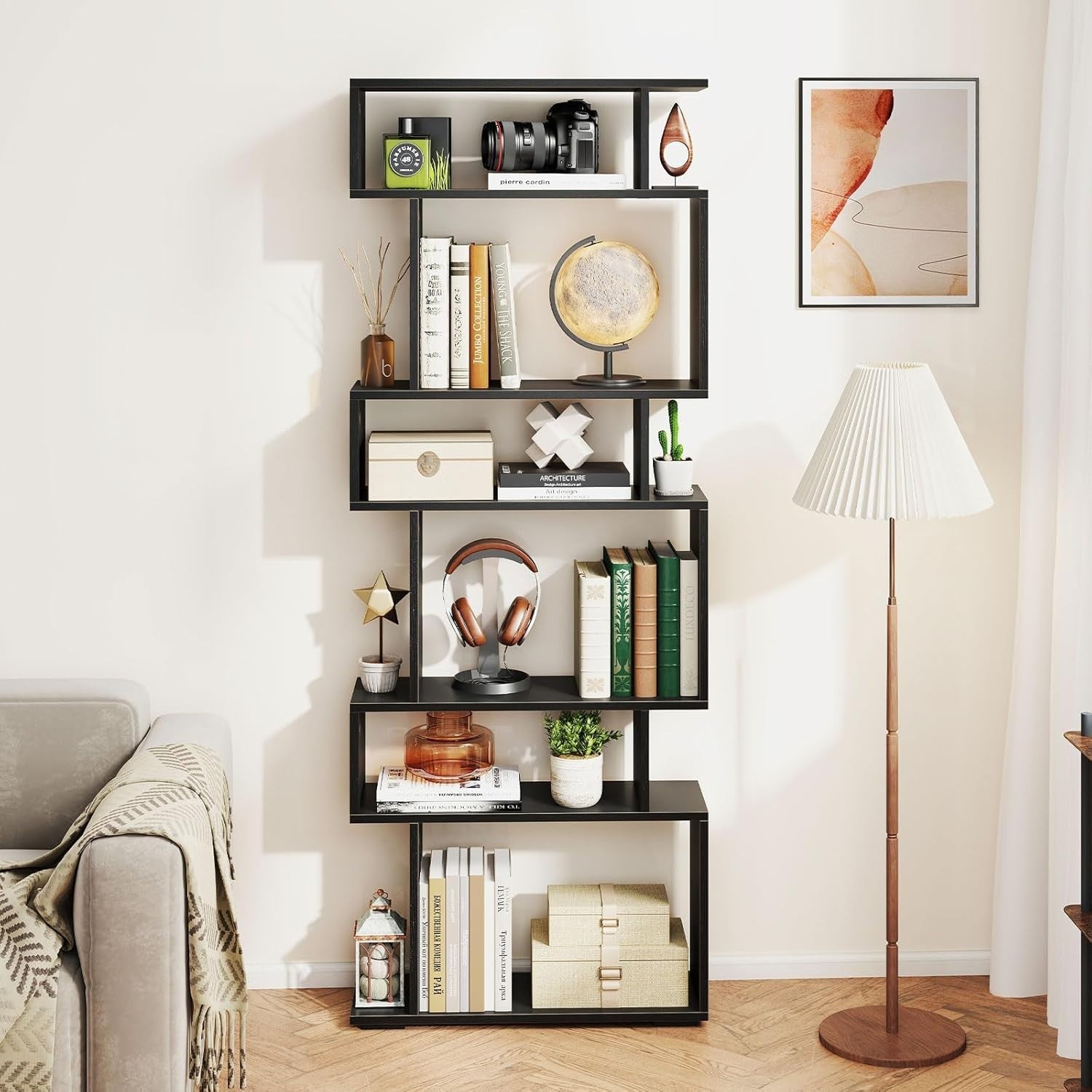 6-Tier S-Shaped Bookshelf Ladder Shelf with Anti-Tip Kits, Tall Storage Rack, Bl