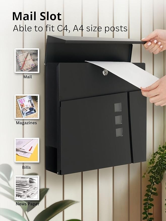 Lockable Wall Mounted Post Box Grey – Weatherproof Steel, Newspaper Slot