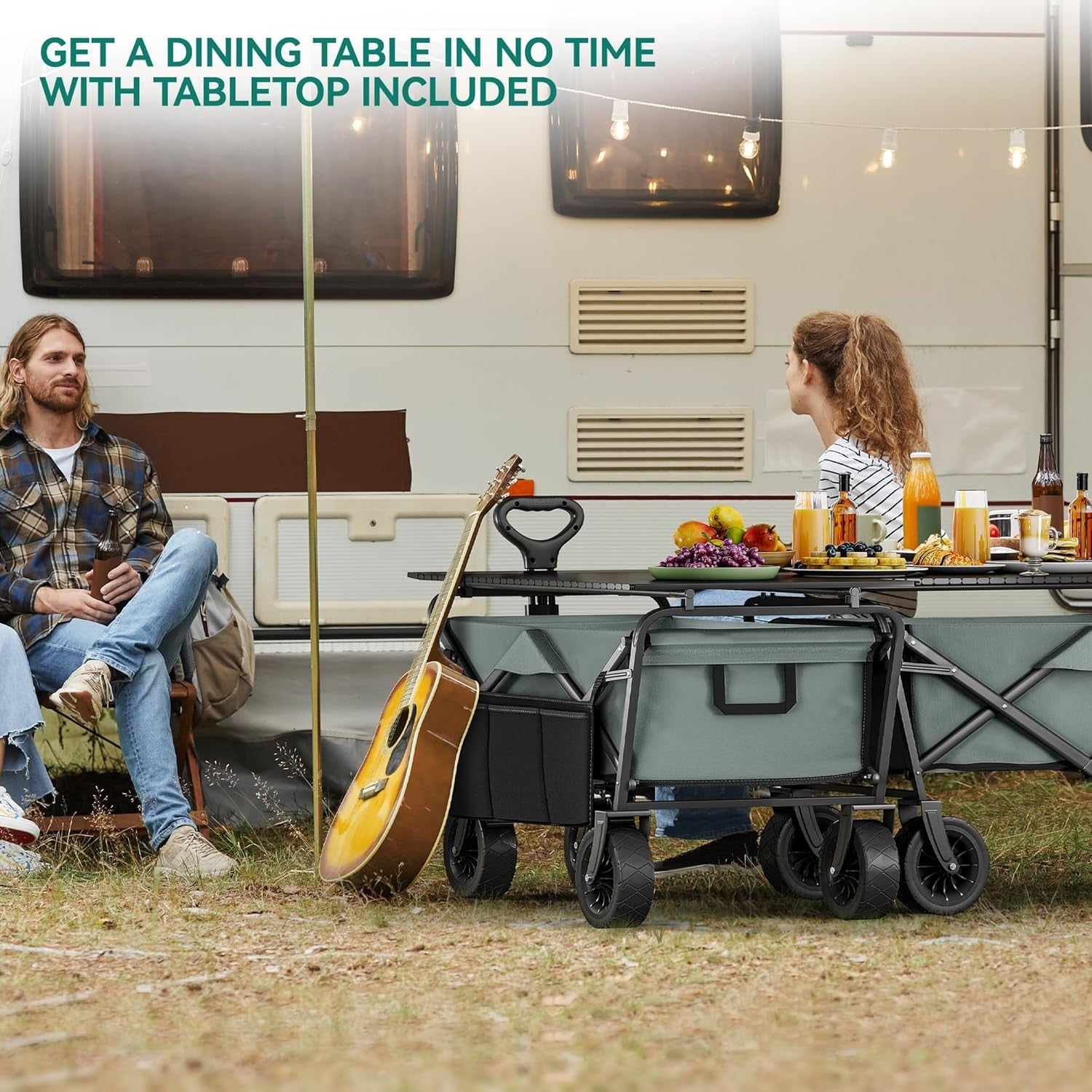 Grey Folding Beach Wagon Cart w/ Table Oversized Wheels Adjustable Handle 220lb