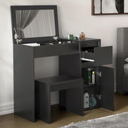 Black Flip-Up Vanity Dressing Table Set w/ Hidden Mirror Storage & Stool