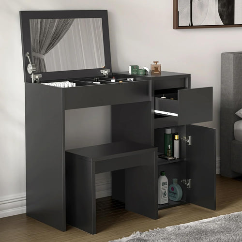 Black Flip-Up Vanity Dressing Table Set w/ Hidden Mirror Storage & Stool