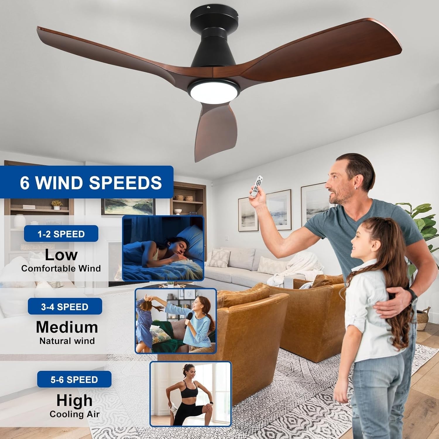 42" Ceiling Fan Light, Walnut Wood 3-Blade LED, Quiet Reversible DC