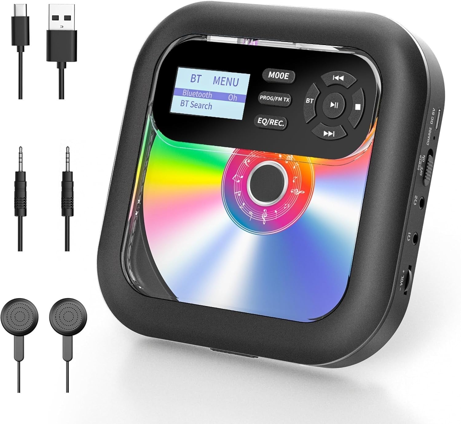Portable CD Player Bluetooth FM Car Radio TF Card AUX Rechargeable