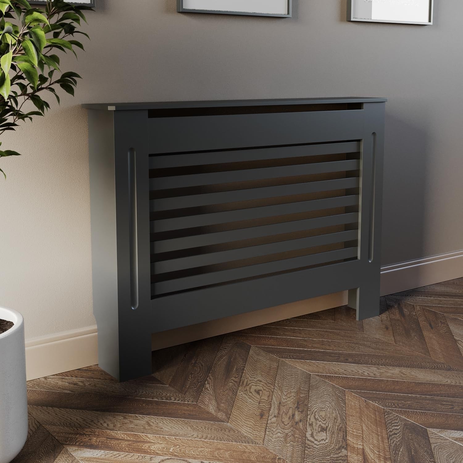Grey Radiator Cover Modern Horizontal Slat W112xH81.5cm MDF Heater Cabinet