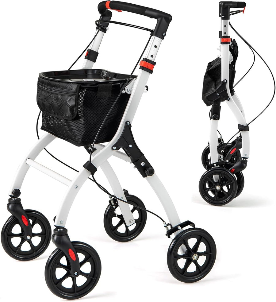4 Wheel Rollator Walker Lightweight Folding Mobility Aid with Brakes & Tray