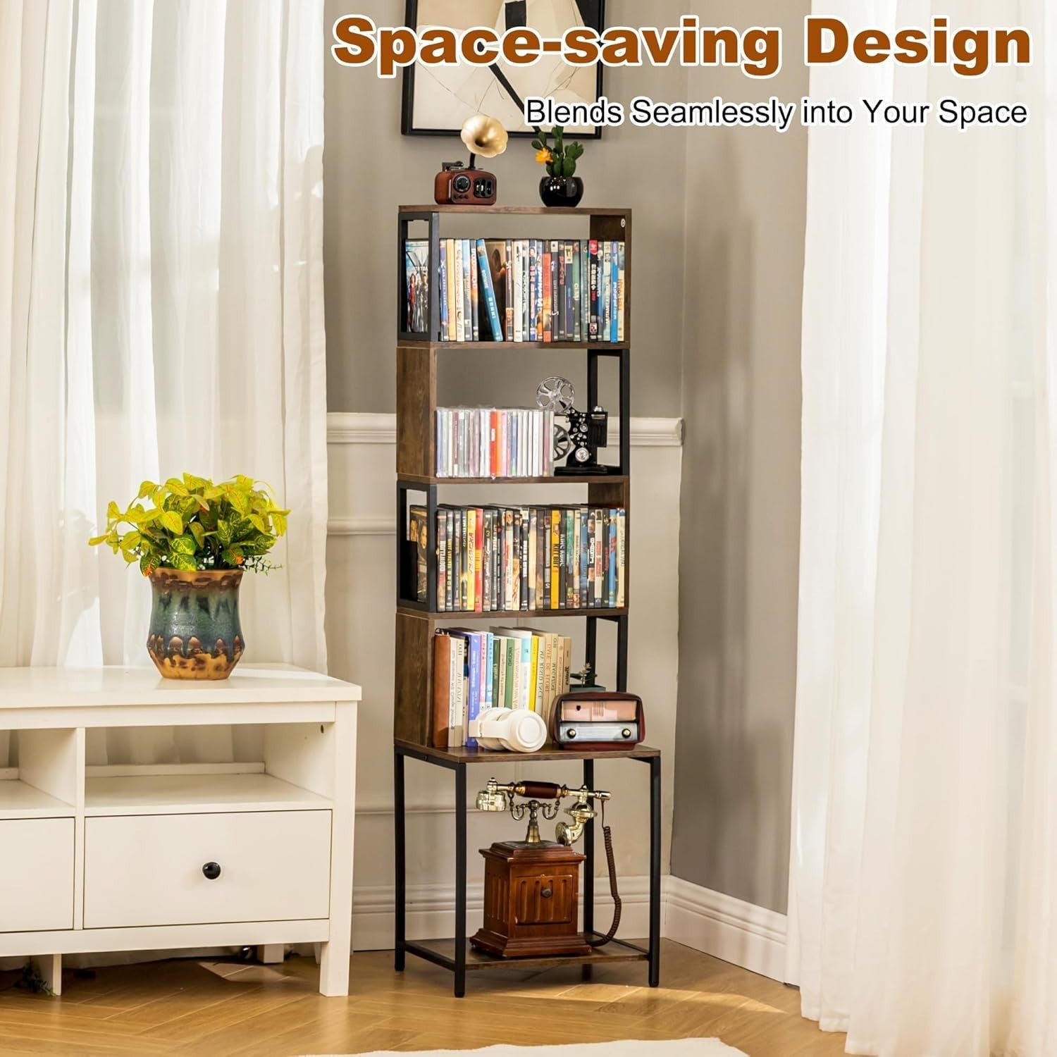 4 Tier CD DVD Storage Tower Media Shelf Adjustable Dividers Brown Wood
