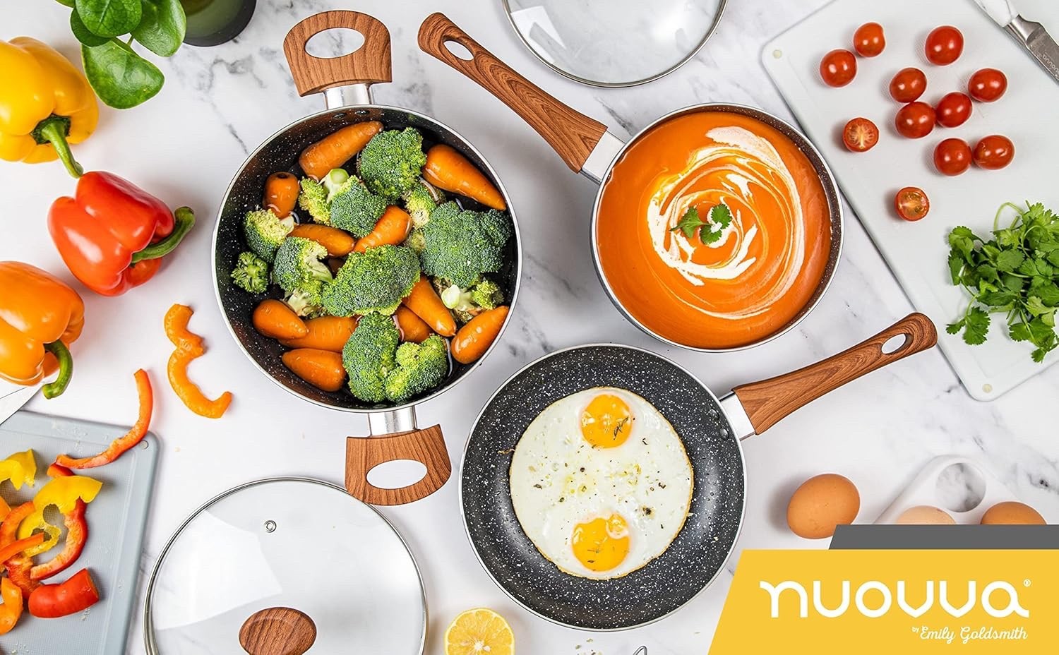 5pcs Marble Non Stick Cookware Set with Lids – Induction & Gas Compatible Pots