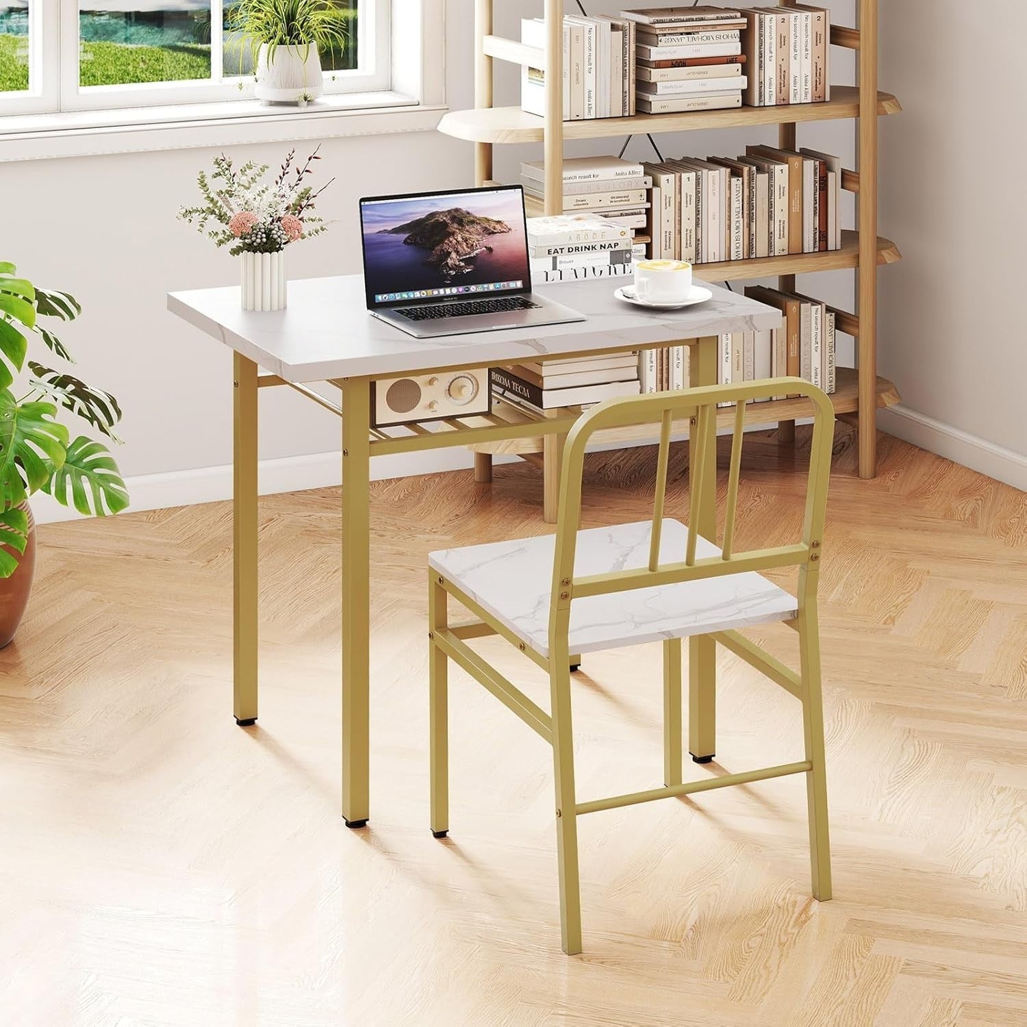 3 Piece Space-Saving Dining Table Set with Storage Rack & Gold Metal Legs