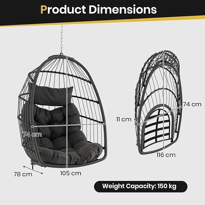 Foldable Hanging Egg Chair with Cushion & Pillow – Indoor Outdoor Swing Seat