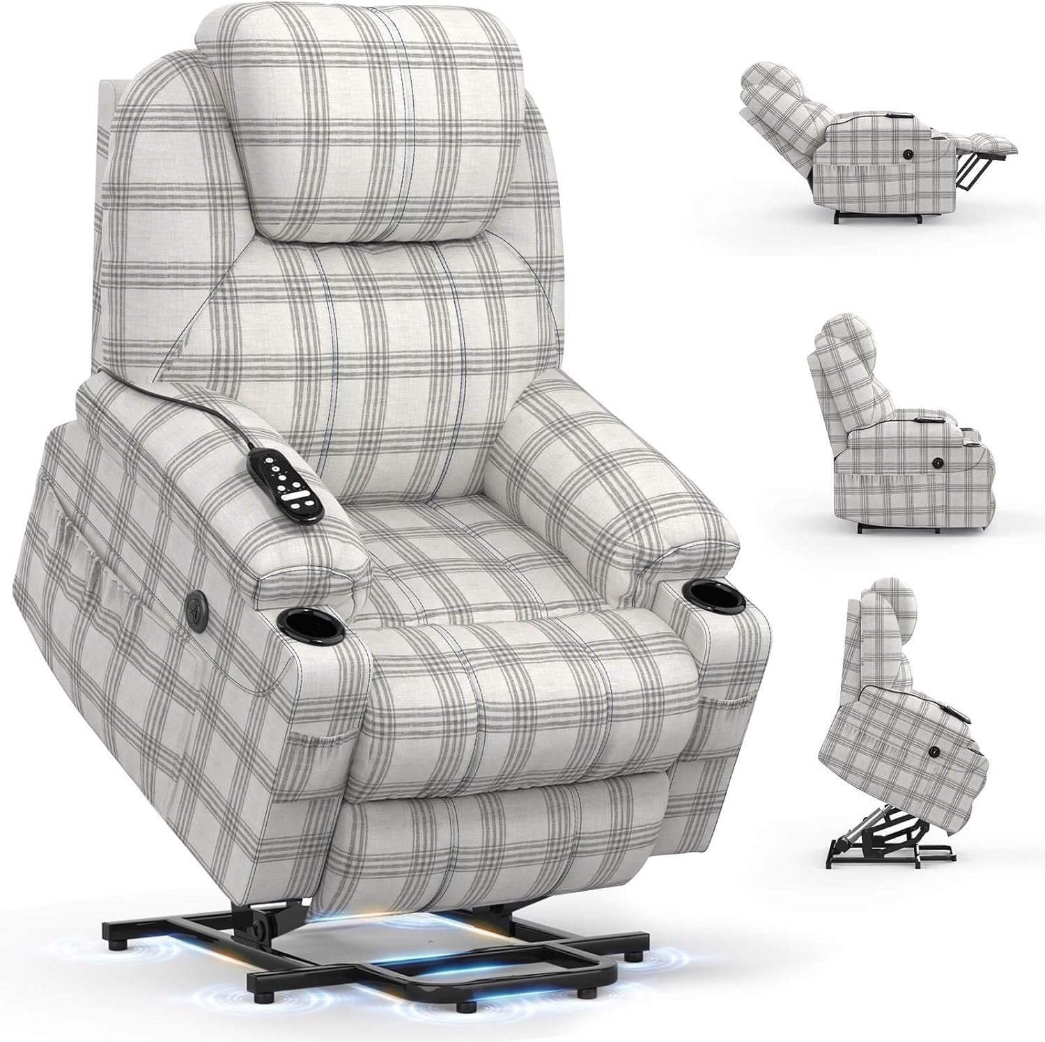 Power Lift Recliner Chair Massage Heat USB Type-C White Plaid Vinyl Cup Holders